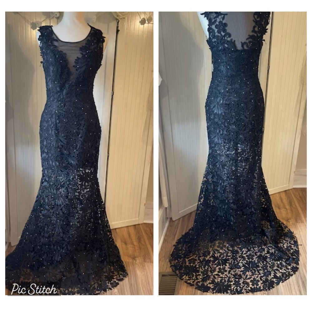 Black lace prom gown with see thru lace with short skirt underneath